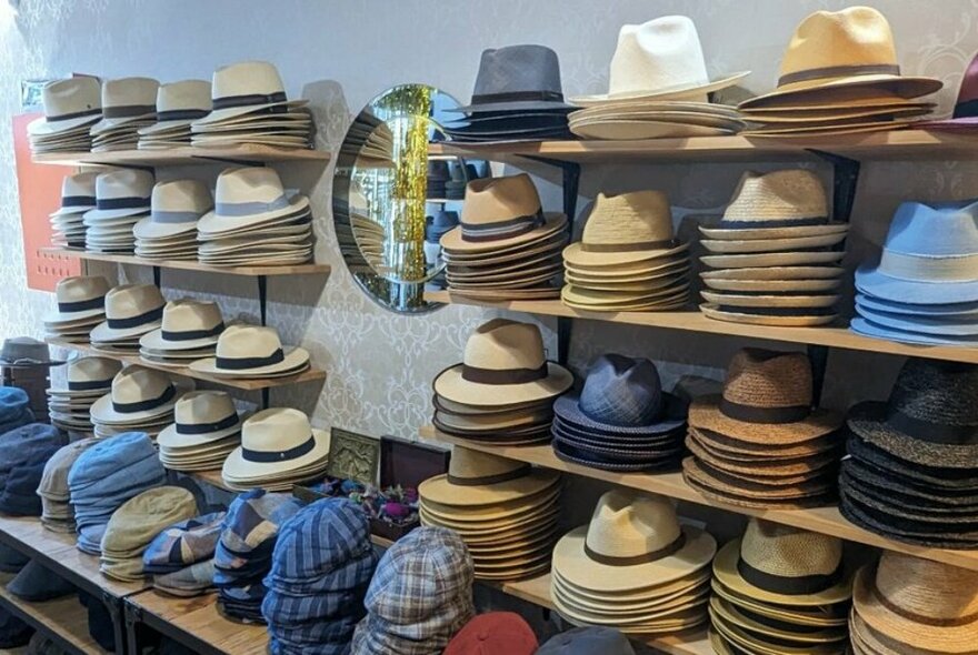 Shelves of hats on display against a shop wall.