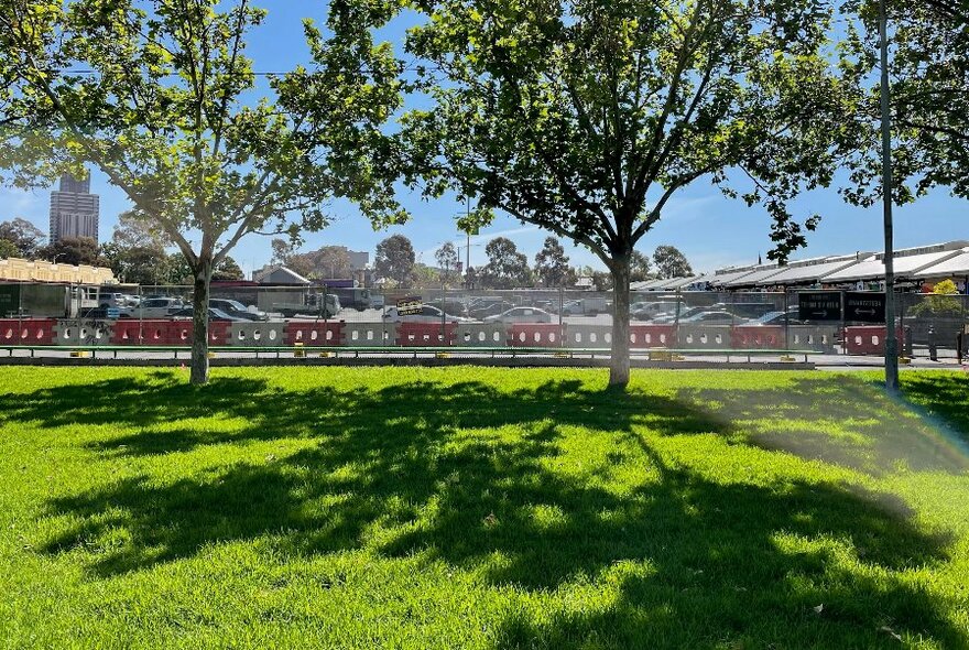Green expanse of lawn with large trees providing leafy shade and the Queen Victoria Market sheds visible in the background.