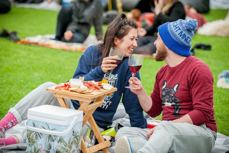 A young couple sitting on a picnic blanket on the grass with a portable mini-wooden table and an esky, holding a wine glass each and smiling at each other.