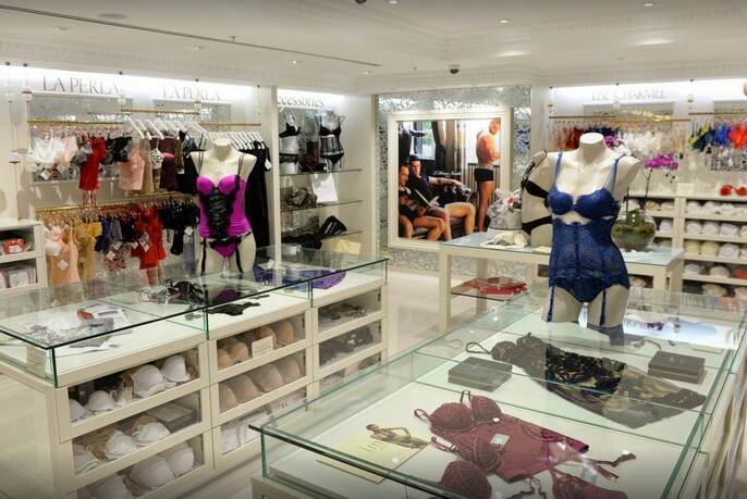 Lingerie shop interior with drawers of bras, racks of underwear and mannequins in bustiers.