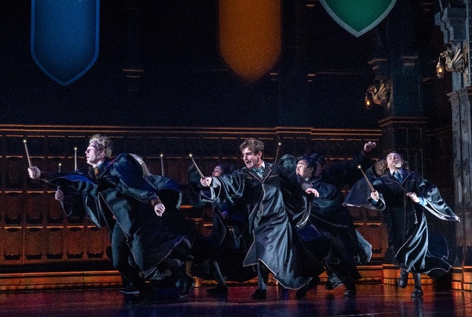 Harry Potter cast wearing school gowns and waving wands live on stage.