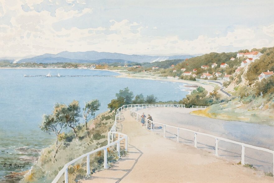 A watercolour painting of a fenced path along a winding coastline. 