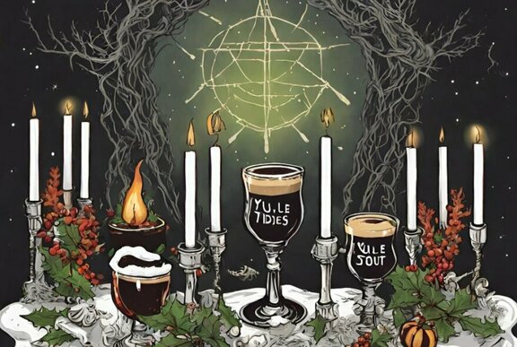 Drawing of a table set with candles, holly, glasses of stout beer and pagan symbols in the background.