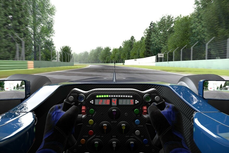 Simulated racing car driver visual reality experience.