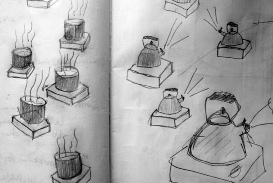 Hand-drawings of pots of boiling broth on one page of an unlined notebook and kettles boiling on the other.