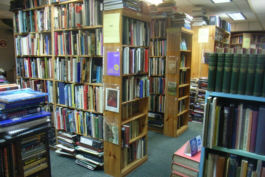 Shelves of books in a bookstore.