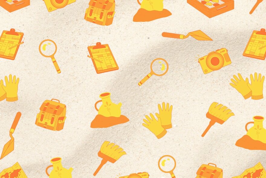 Illustration of archaeological tools in yellow and orange, including magnifying glass, brush and camera.