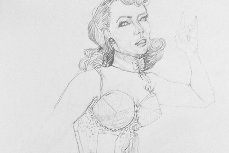 Hand-drawn sketch of a woman in a burlesque-style corset.