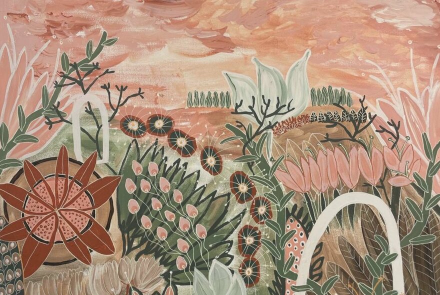 A painting showing botanical themes in natural tones. 