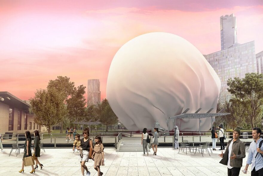 Rendered image of an inflatable sculpture that looks like a giant white spherical balloon, in an outdoor garden space, trees and some building structures surrounding it, with people walking in the space.