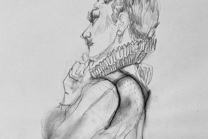 Hand-drawn sketch of a drag performer with short hair and a neck ruff.