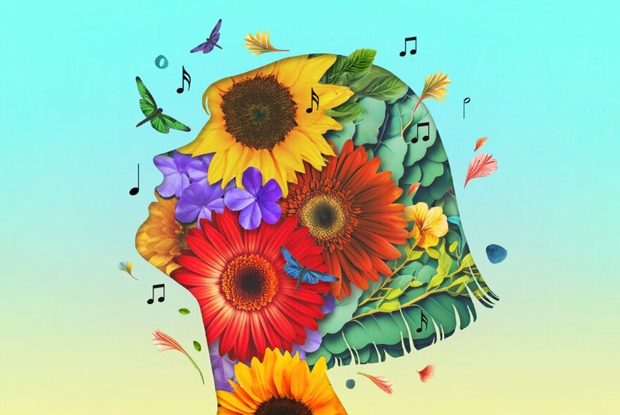 Artwork showing the silhouette of a profile of a woman fulled with sunflowers and gerberas and music notes and butterflies floating around. 