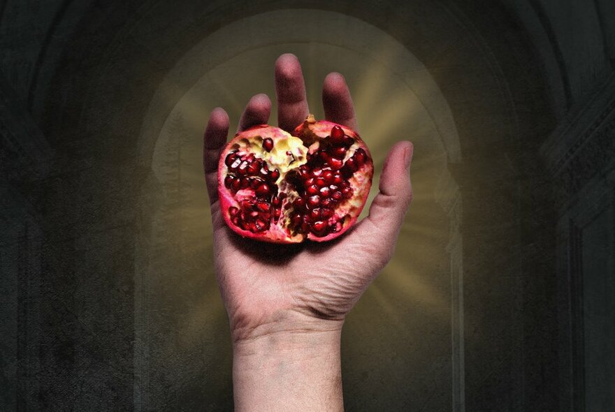 A hand holding up a pomegranate that has been split open.