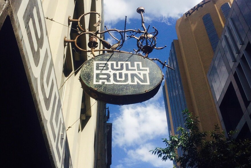 Bullrun sign hanging outside the cafe.