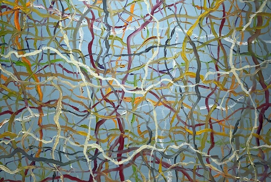 Detail of an abstract oil painting of squiggly intersecting and overlapping lines of different colours.