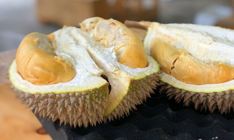 A durian fruit, cut in half and laid out on a table