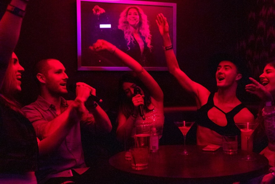 People holding microphones and singing in a red-lit karaoke bar.